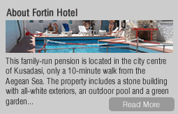 About Fortin Hotel: This family-run pension is located in the city centre of Kusadasi, only a 10-minute walk from the Aegean Sea. The property includes a stone building with all-white exteriors, an outdoor pool and a green garden